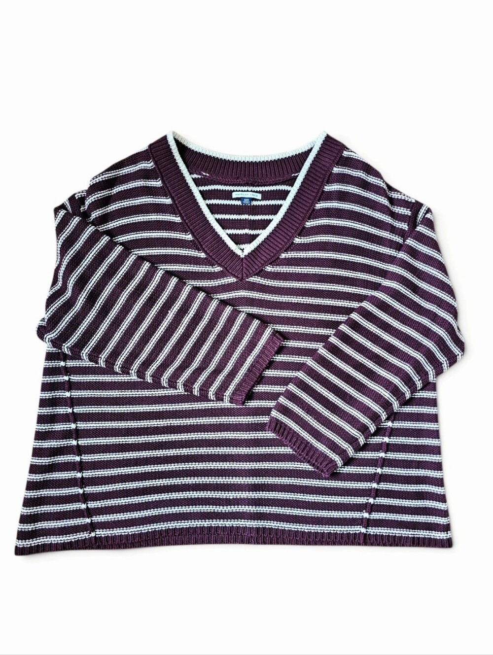American Eagle Burgundy Cream Striped V Neck Oversized Knit Sweater, Size M